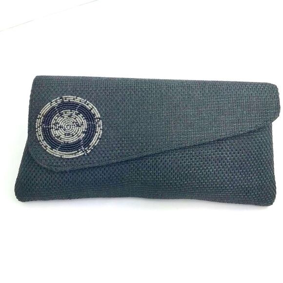 Boutique Black Burlap and Bead Medallion Summer Envelope Clutch Bag - Picture 1 of 13